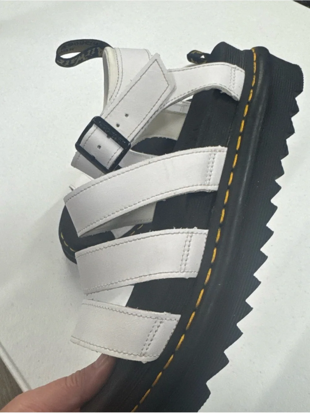 Dr. Martens White Platform Sandals with Yellow Stitching